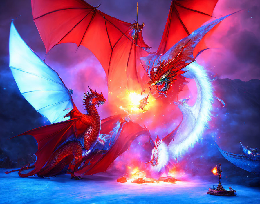Majestic red and blue dragons in intense battle with fire and ice.