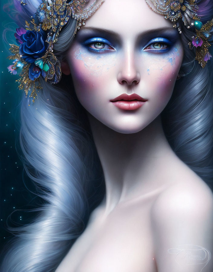 Digital art portrait of a woman with blue eyes, celestial makeup, floral headpiece on dark background