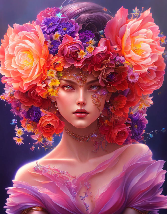 Colorful digital portrait of woman with floral headdress & jewelry