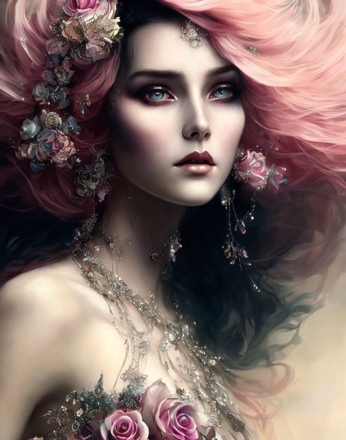 Digital artwork: Woman with pale skin, pink wavy hair, blue eyes, and ornate jewelry