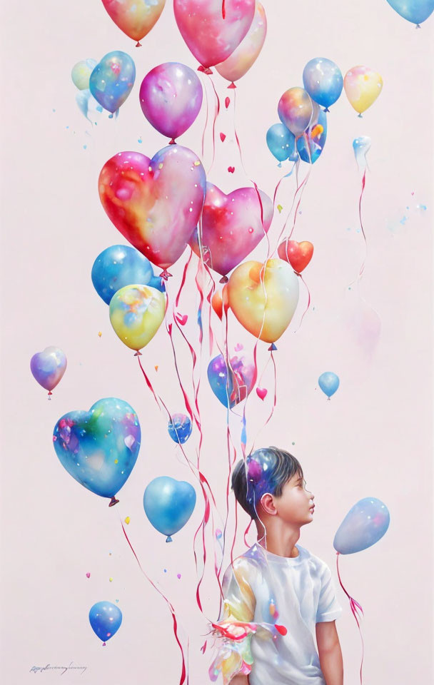 Child admires colorful heart and round balloons with ribbons and paint splashes