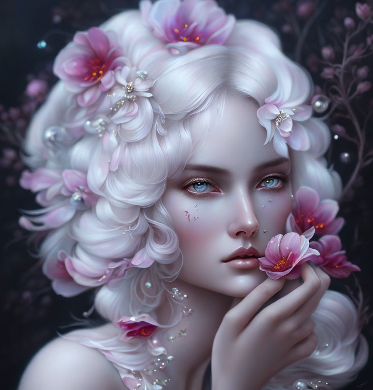 Portrait of woman with pale skin, turquoise eyes, pink blossoms, pearls in white hair, holding