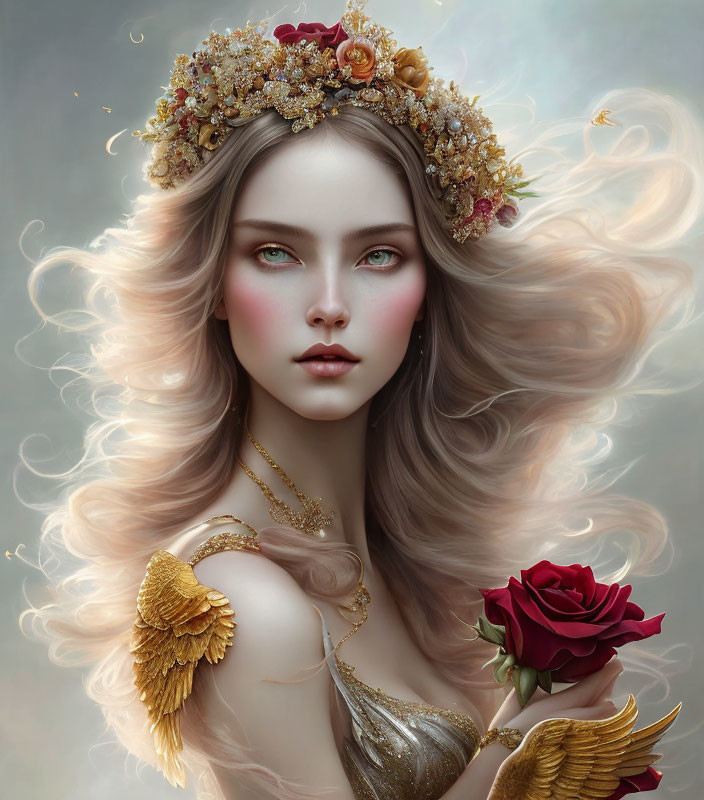 Ethereal woman portrait with long flowing hair and floral crown