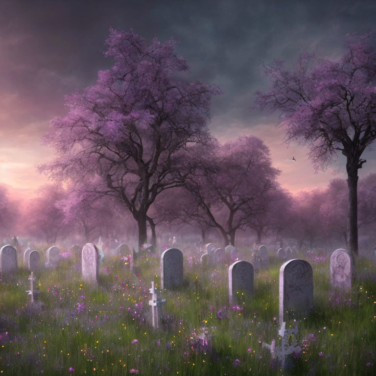 Misty dusk cemetery with pink blossoming trees and tombstones among purple flowers