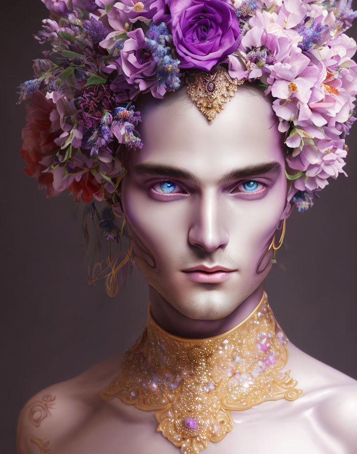 Portrait of Person with Vibrant Purple Eyes and Floral Crown