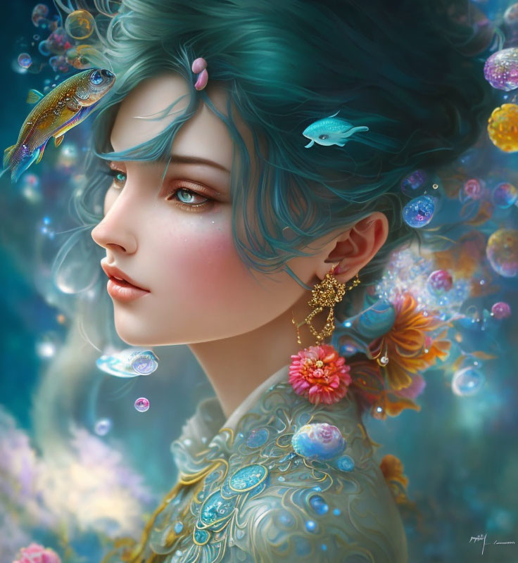 Teal-haired woman in ornate jewelry amidst underwater scene