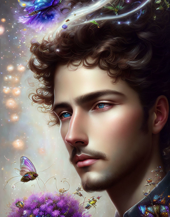 Young man with blue eyes and curly hair in magical ambiance with butterflies and stars