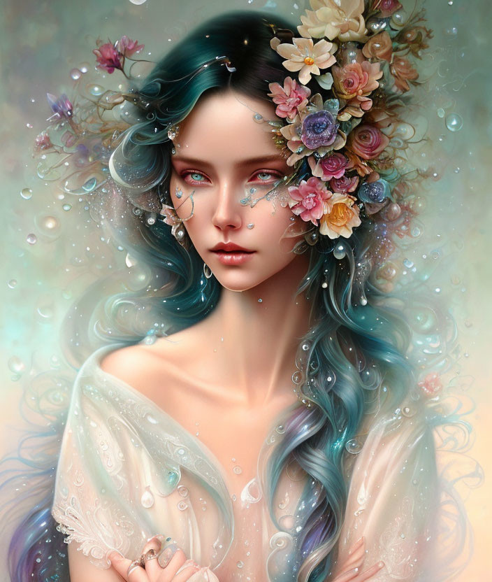 Digital Art Portrait of Woman with Blue and Purple Hair and Floral Headpiece under Water Droplets