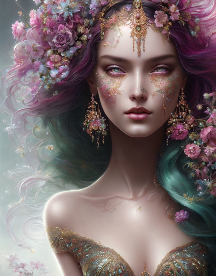 Fantasy portrait of female with purple and teal hair and floral headdress