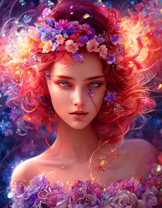 Portrait of woman with red curly hair and floral crown in digital art