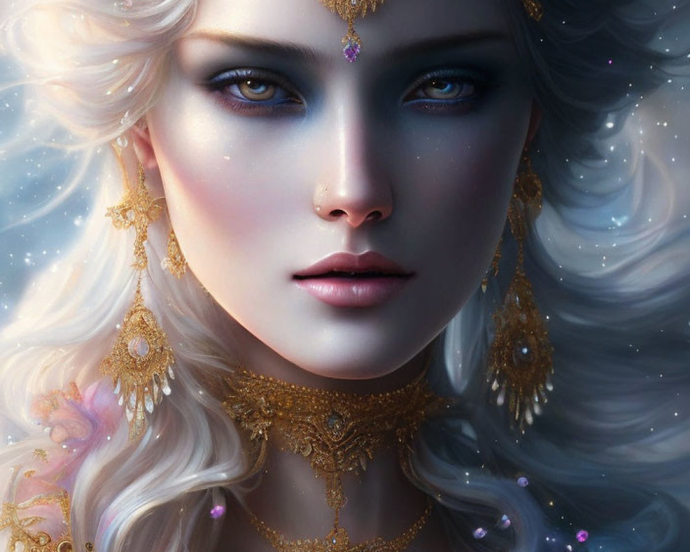 Portrait of a woman with pale skin, blue eyes, blond hair, gold jewelry, starry backdrop