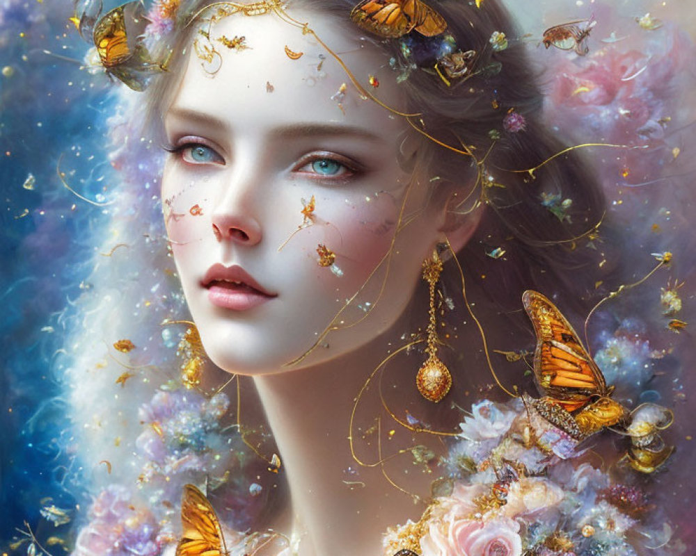 Ethereal woman portrait with flowers, gold accents, and butterflies on celestial background