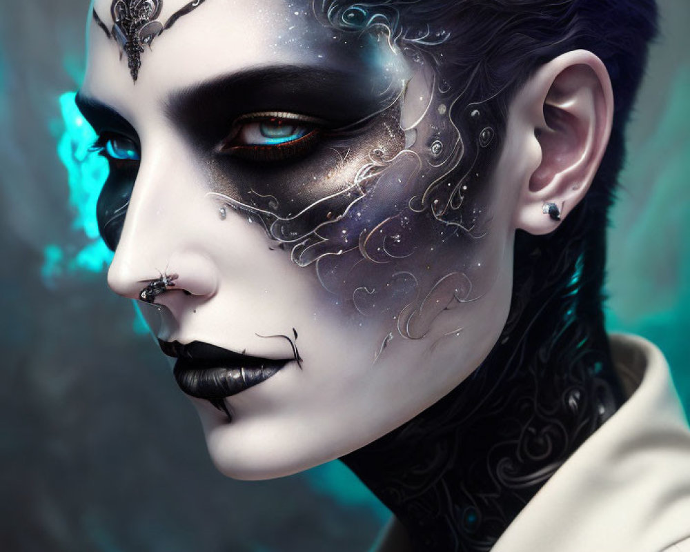 Intricate face paint with swirls and patterns, vibrant blue eyes, and septum piercing on