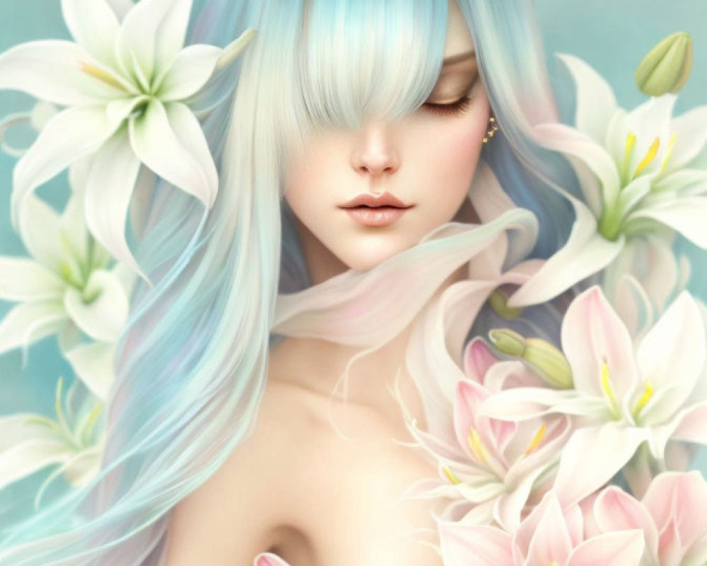 Pastel Blue Hair Person Surrounded by White and Pink Blooming Flowers