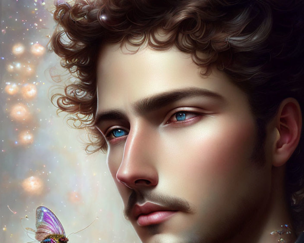 Young man with blue eyes and curly hair in magical ambiance with butterflies and stars