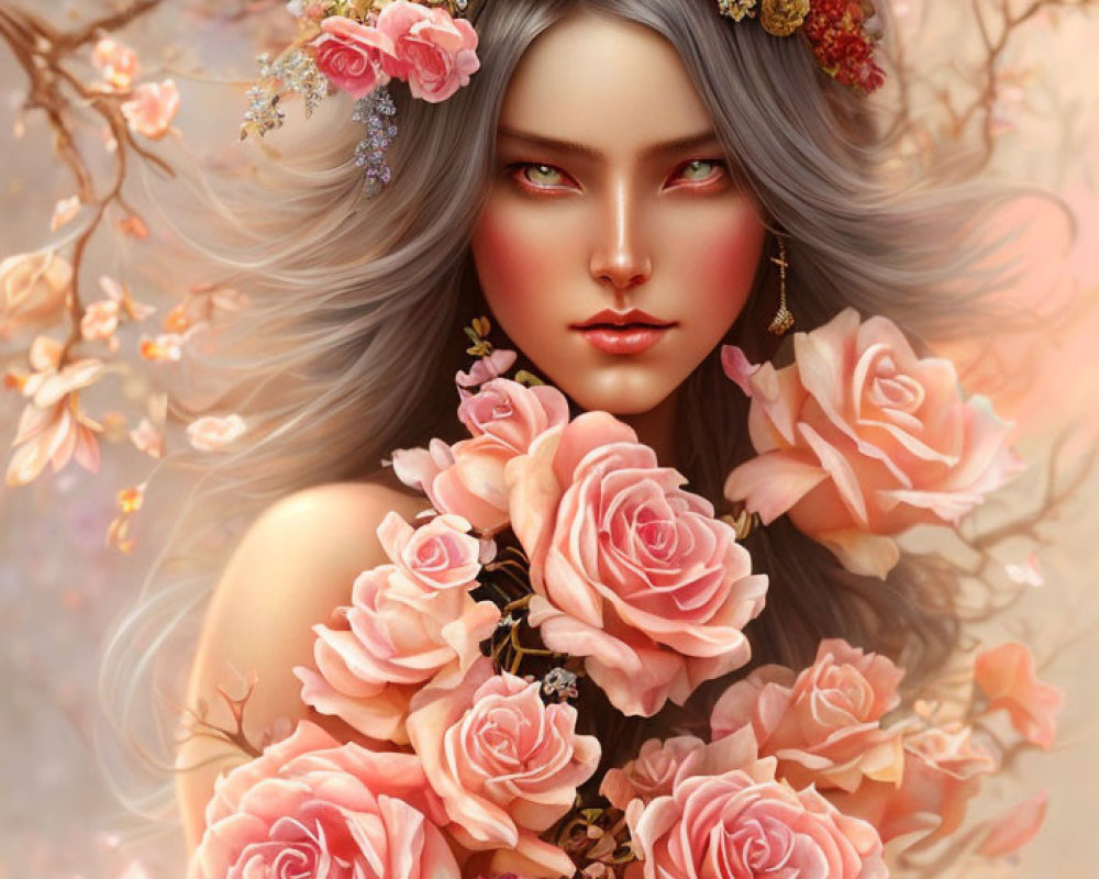 Illustrated female figure with grey hair and floral crown in pink blossom setting