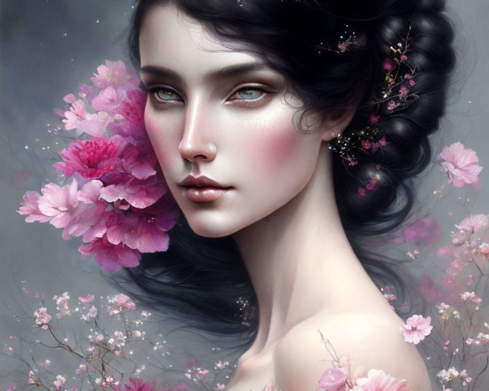 Digital portrait of woman with dark hair and pink blossoms, surrounded by ethereal flowers