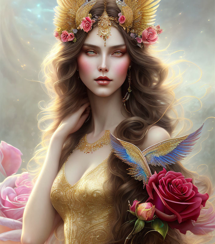 Ethereal woman with floral crown and winged creature in rose backdrop