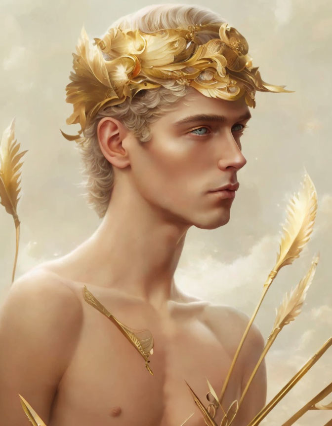 Mythical male figure portrait with golden laurel wreath and wheat stalks