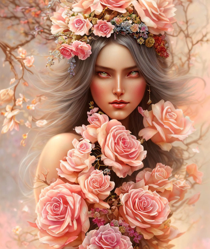 Illustrated female figure with grey hair and floral crown in pink blossom setting