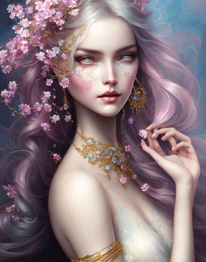 Illustration of woman with violet hair, pink blossoms, and gold jewelry