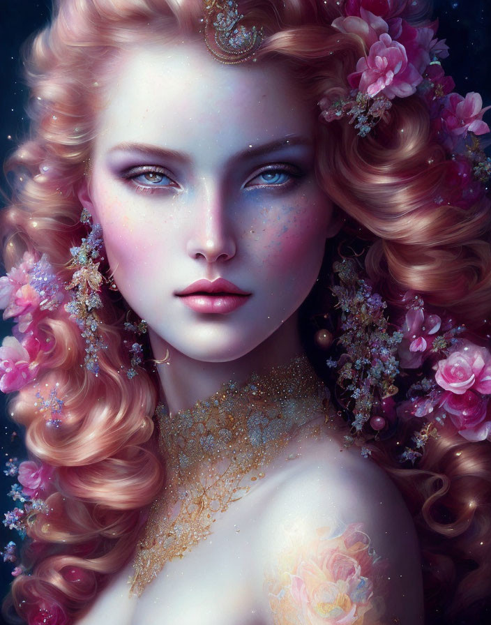 Fantasy portrait of woman with auburn hair, pink flowers, blue eyes, and floral body