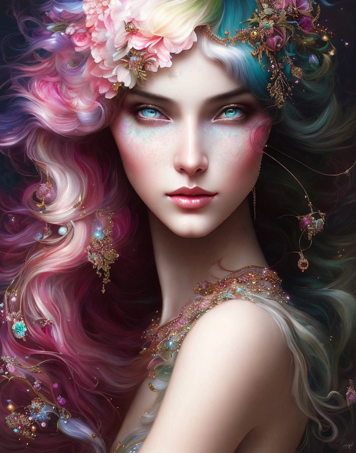 Fantastical female portrait with multicolored hair and blue eyes