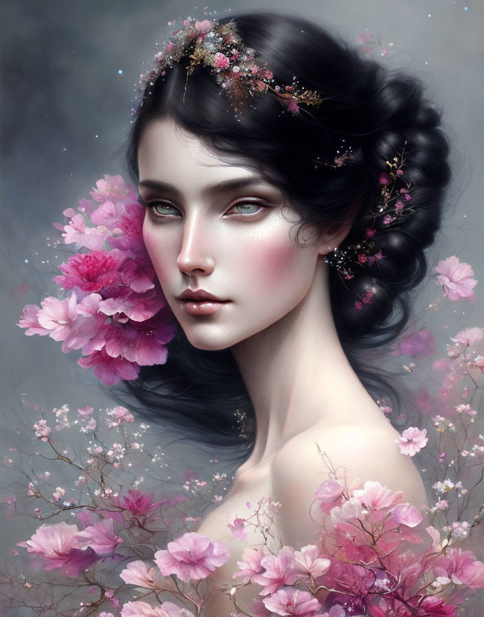 Digital portrait of woman with dark hair and pink blossoms, surrounded by ethereal flowers