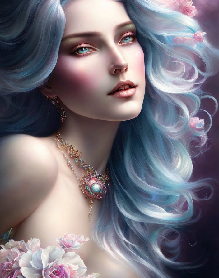 Portrait of Woman with Flowing Blue Hair and Pink Eyes