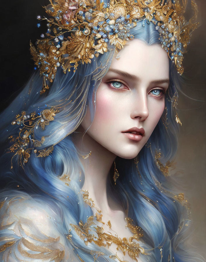 Portrait of woman with blue skin, wavy blue hair, golden floral crown, intricate detailing.