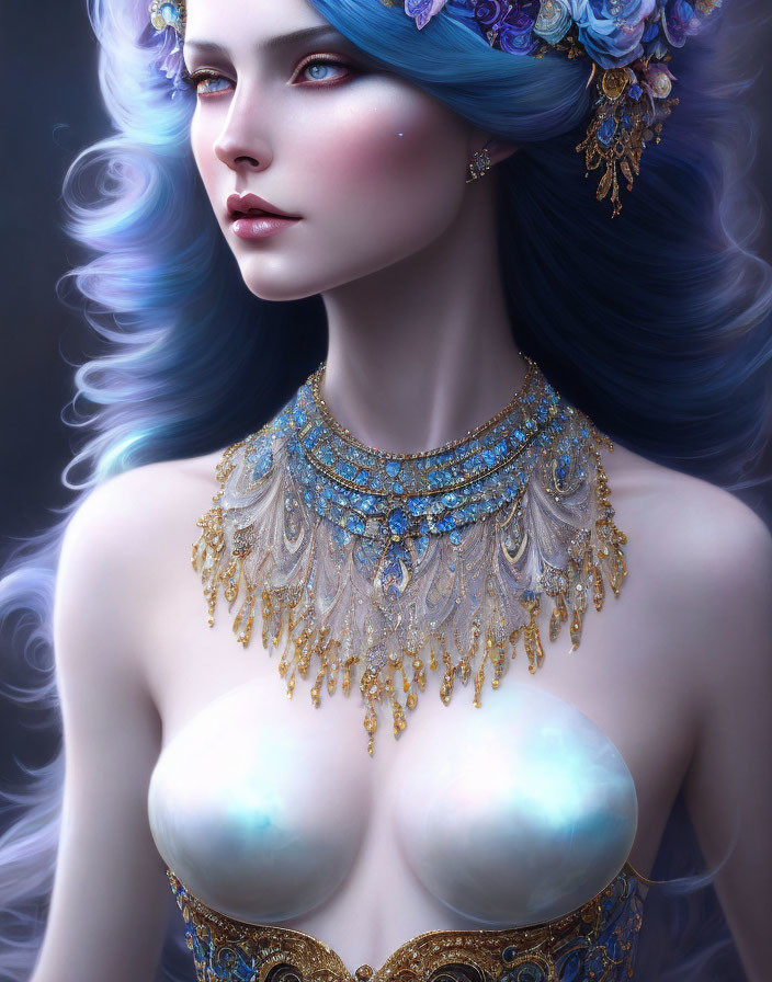 Fantastical Female Figure with Blue Hair and Elaborate Golden Jewelry