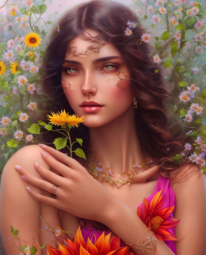 Digital artwork of woman with wavy hair, surrounded by flowers and holding a sunflower