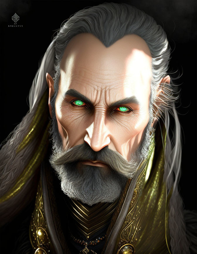 Elderly Fantasy Character with Green Eyes and Grey Beard