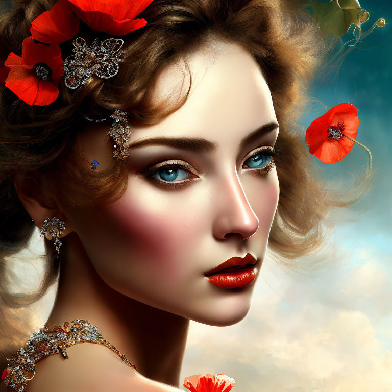 Digital portrait of woman with vibrant blue eyes, red poppies, intricate jewelry, and sky-blend