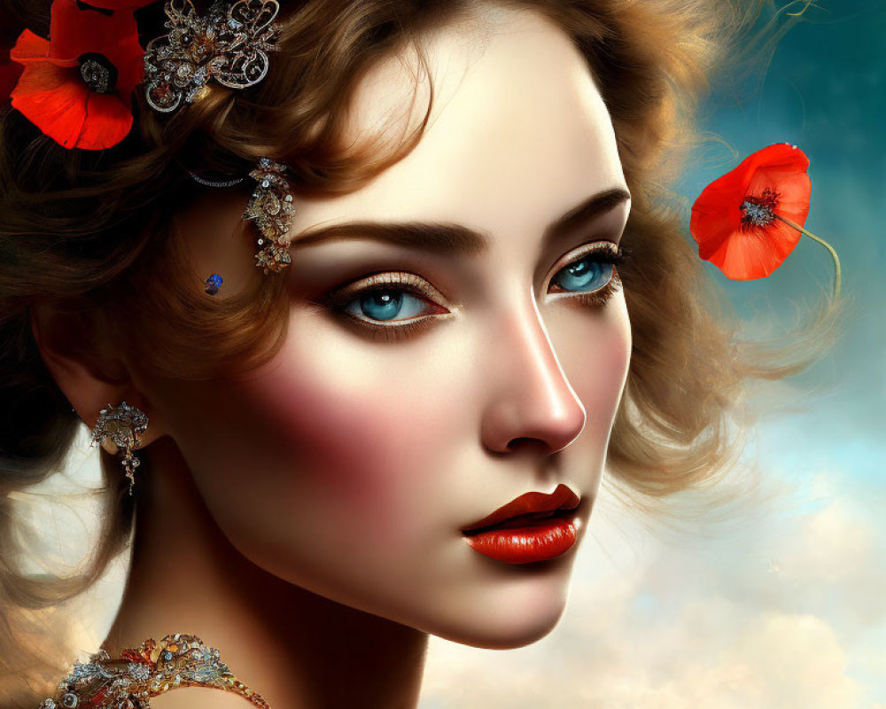 Digital portrait of woman with vibrant blue eyes, red poppies, intricate jewelry, and sky-blend