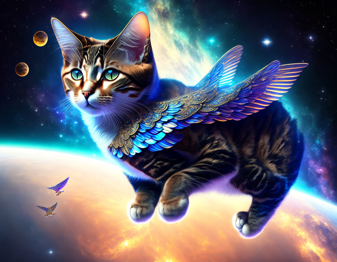 Majestic cat with iridescent wings in cosmic scene