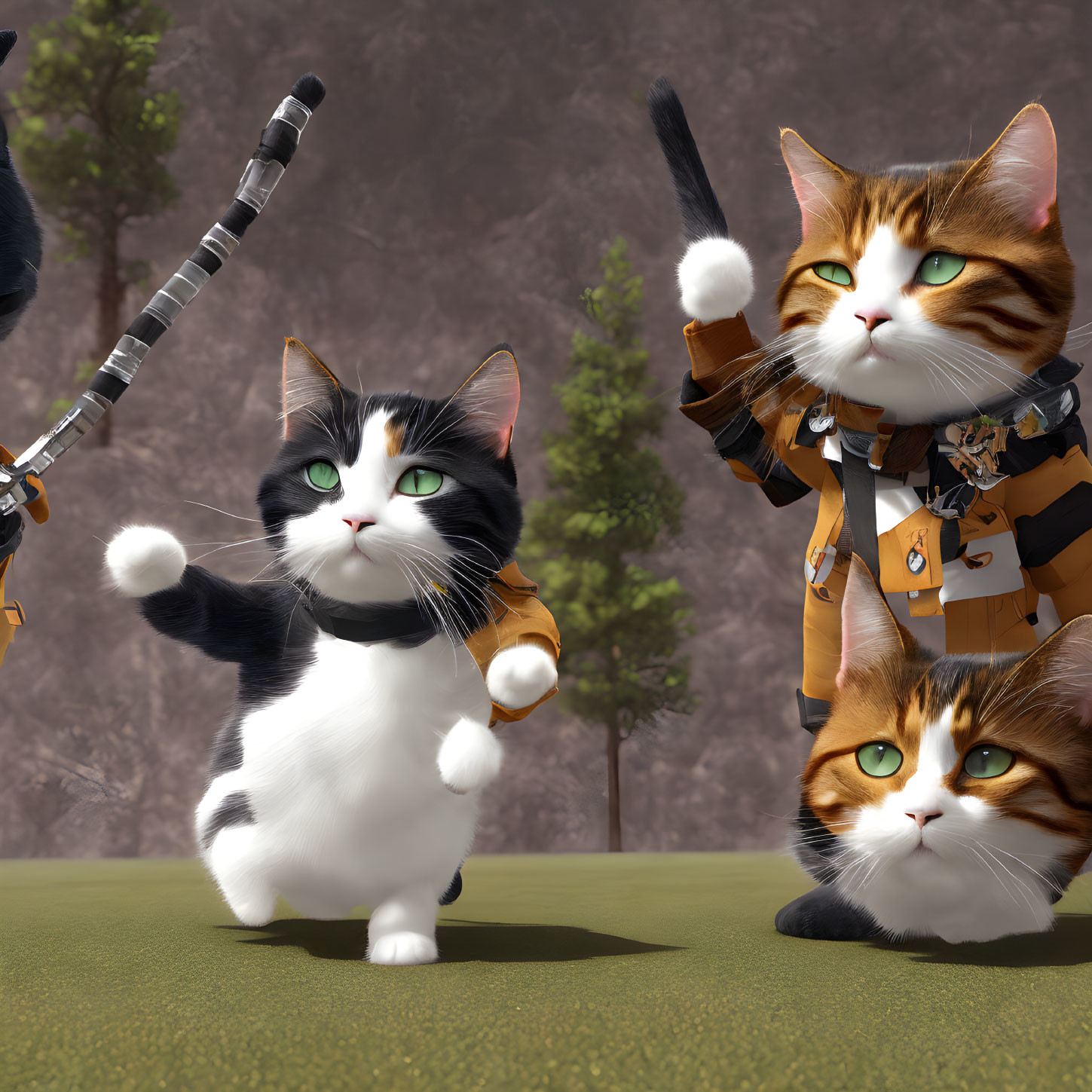 Four animated warrior cats in armor and weapons pose outdoors