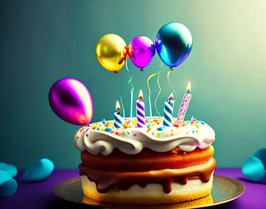 Vibrant birthday cake with candles, balloons, and candies on teal backdrop