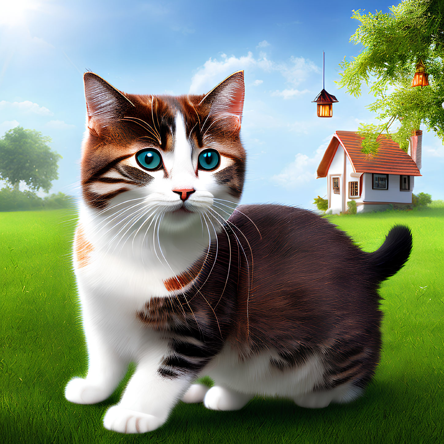 Large-eyed brown and white cat in surreal proportions on grass field with house and lanterns.