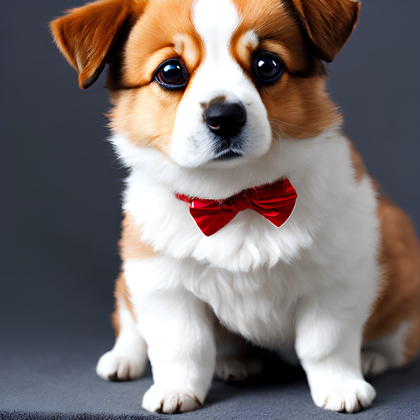 Tricolor Pembroke Welsh Corgi puppy with red bow tie against grey background