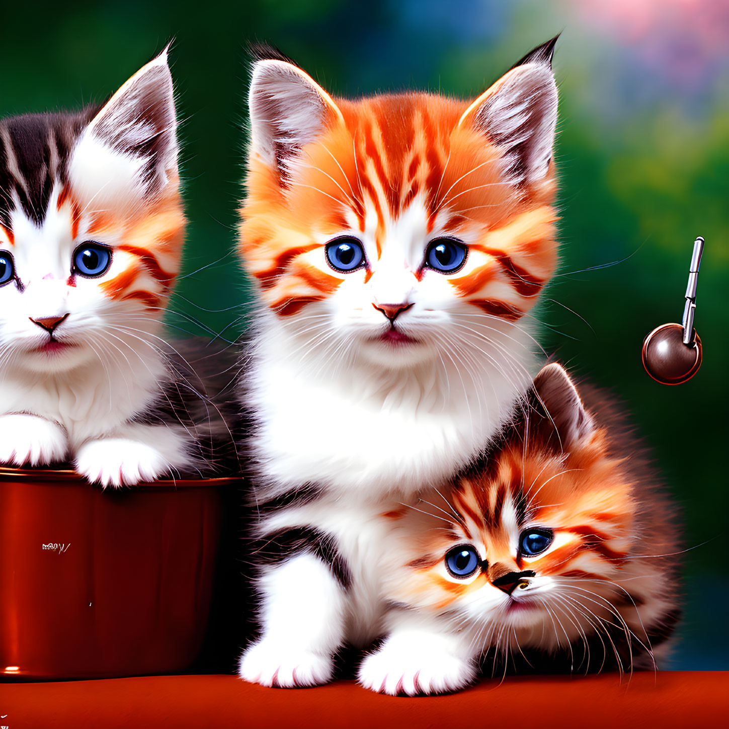 Three Fluffy Kittens Sitting Together in Pot with Toy