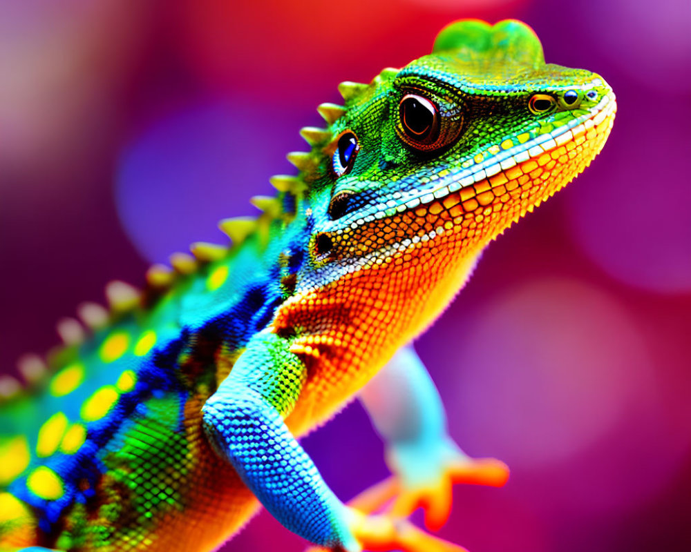 Colorful Lizard with Green, Blue, and Orange Scales on Multicolored Background