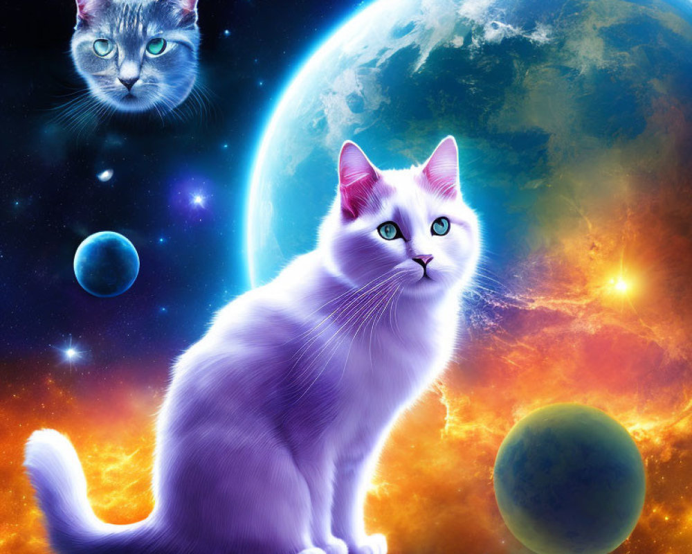 White Cat Digital Artwork with Cosmic Background and Planets