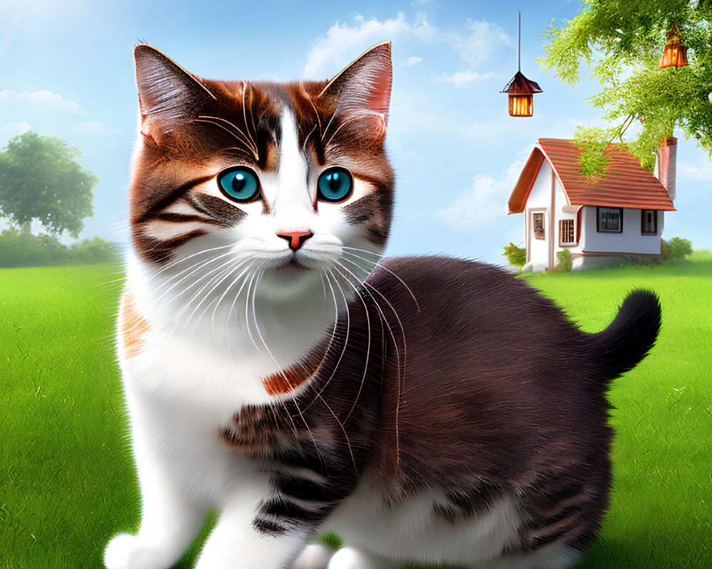 Large-eyed brown and white cat in surreal proportions on grass field with house and lanterns.