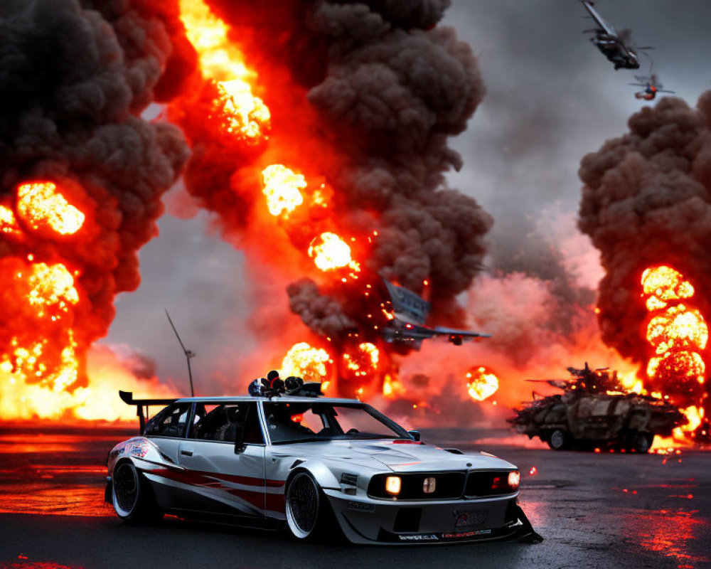 Modified sports car amidst explosions and military vehicles on road