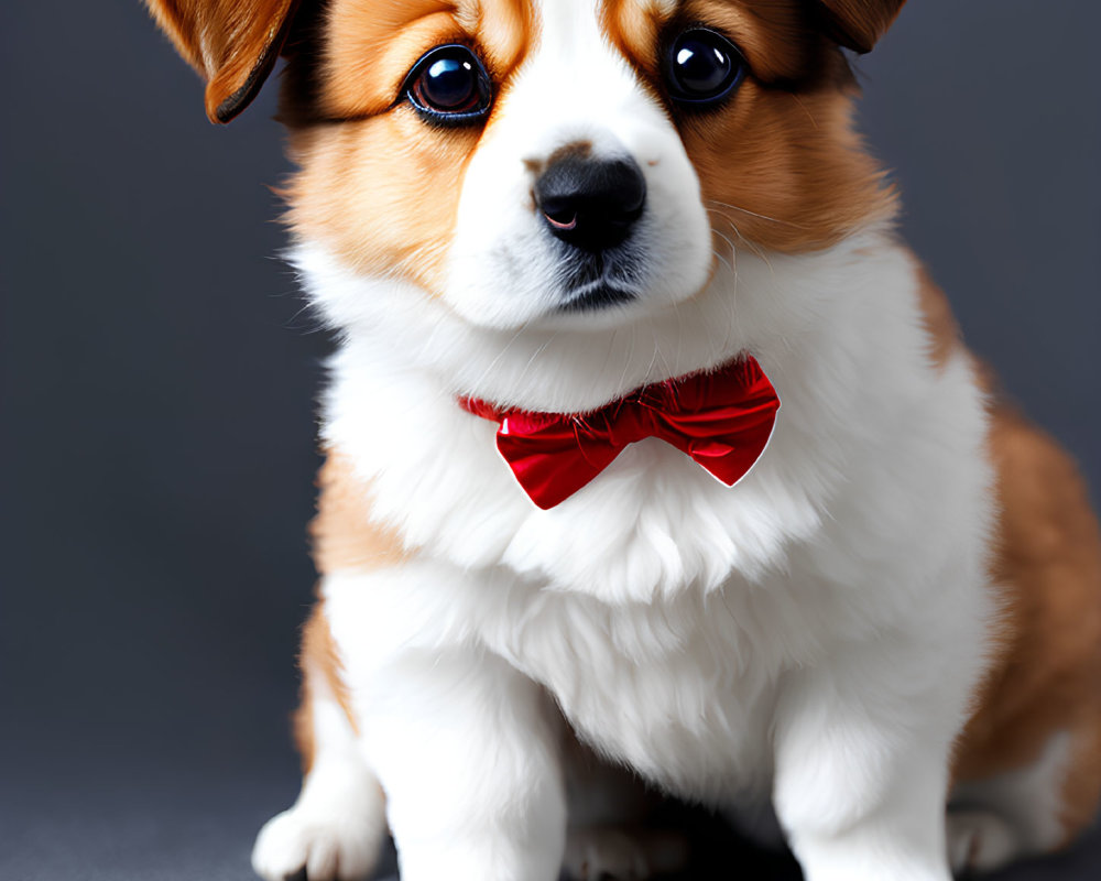 Tricolor Pembroke Welsh Corgi puppy with red bow tie against grey background