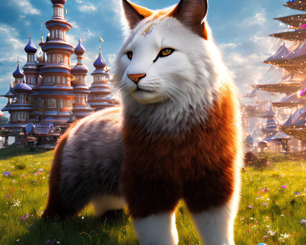 Fluffy white and ginger cat in fantastical field with towers under blue sky