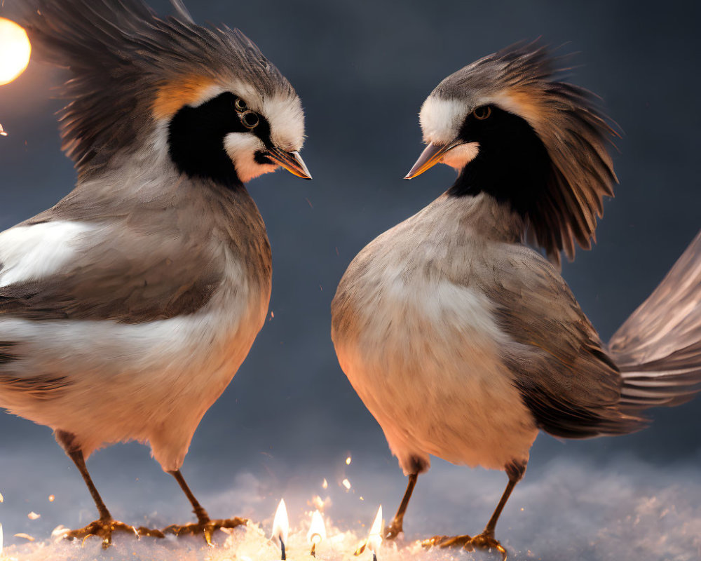 Bearded Reedlings on Snowy Perch with Glowing Light