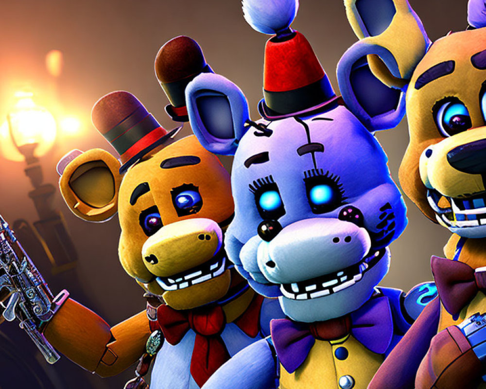 Three animatronic characters: bear, rabbit, and chicken with glowing eyes