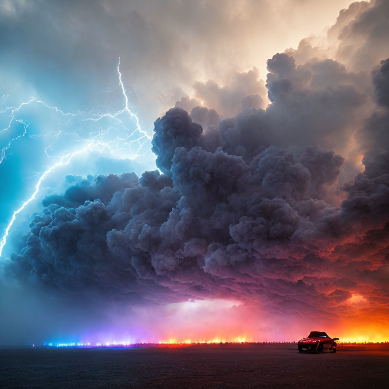 Parked car under dramatic stormy sky with lightning strike